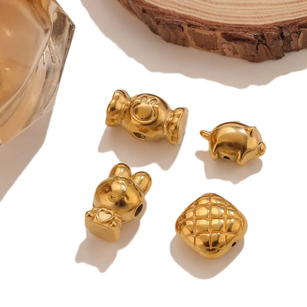 5 Stück Edelstahl-Abstandshalterperlen in Form von Kaninchen und Schwein für Armbänder, DIY, handgefertigte lose Perlen, vergoldete Perlen, Schmuckzubehör – Detail 3