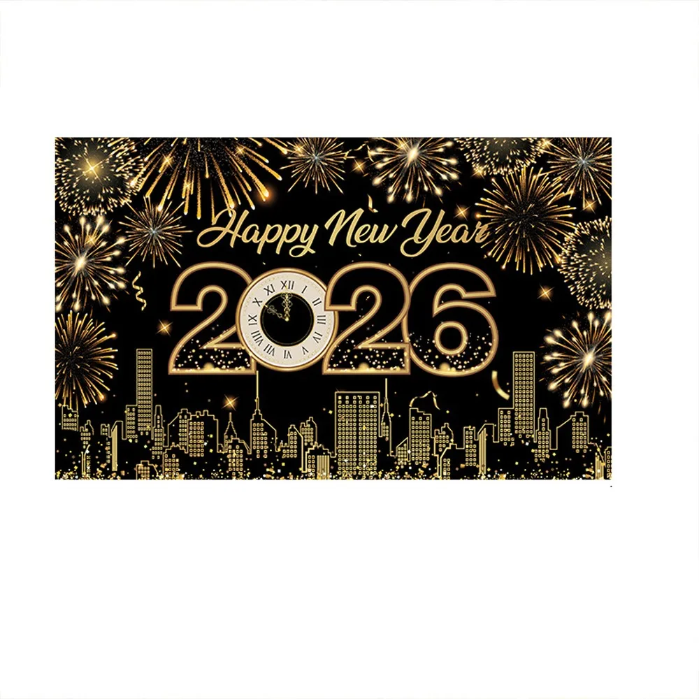

Black Gold 2026 New Year Backdrops Polyester Colorful Balloon Party Background Night Glittering Champagne Photo Background