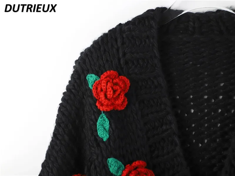 2023 Winter New Handmade V-neck Kawaii Sweet Three-Dimensional Rose Flowers Heavy Industry Knitwear Coat Loose Sweater Jacket