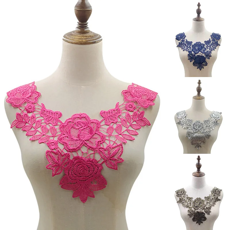 3D Lace Neckline Fake Collar Lace Fabric Hollow Embroidery Flower Patch for DIY Wedding Gown Collar Decor Cloth Sewing Applique