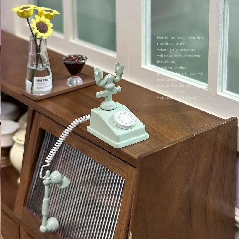 1:12 Dollhouse Miniature Simulation Telephone Retro Mini Phone Model Exquisite Craft for Doll House Decor Collection Hobby view 3