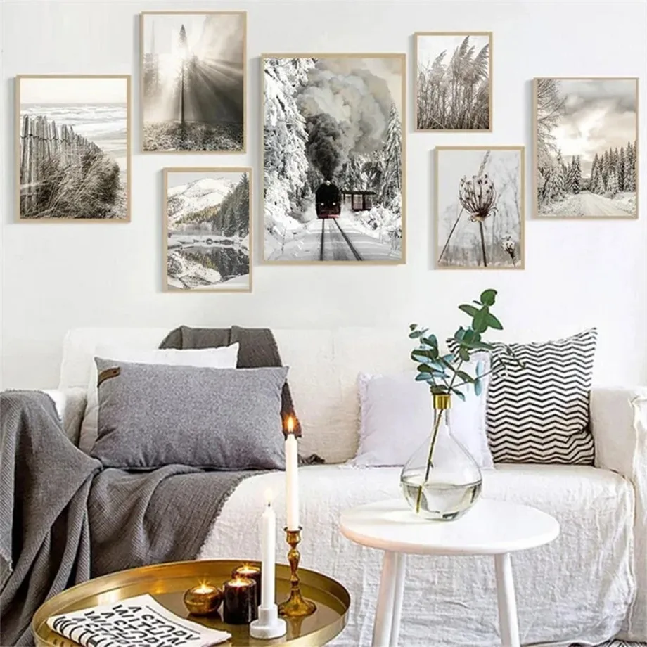 Nordic Background Wall Art Canvas Picture Winter Forest Snow Landscape Painting Sun Train Poster Gallery Decoration Mural