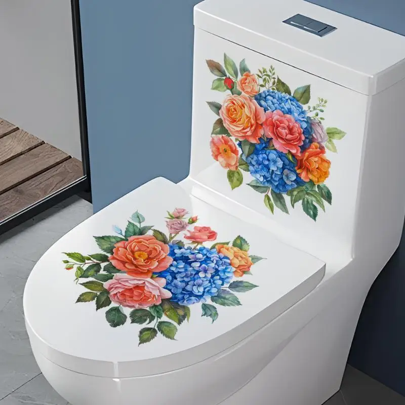 Watercolor Rose And Hydrangea Floral Toilet Stickers Bathroom Realistic Floor Decal Waterproof Removable Bathtub Decor