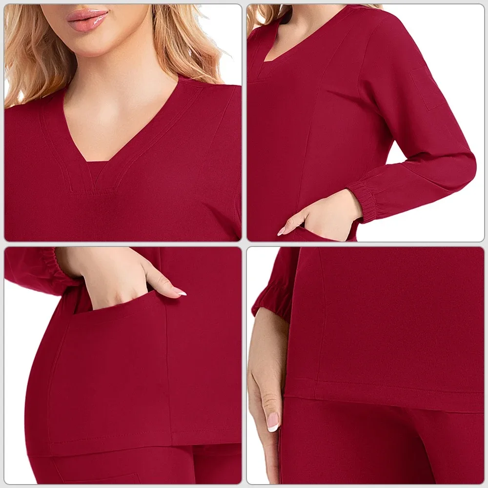 Medische scrubs-uniformen met lange mouwen Mode Ademend Ziekenhuisverpleegstersuniformen Sets Jogger-type verpleegsters-scrubset met korte mouwen