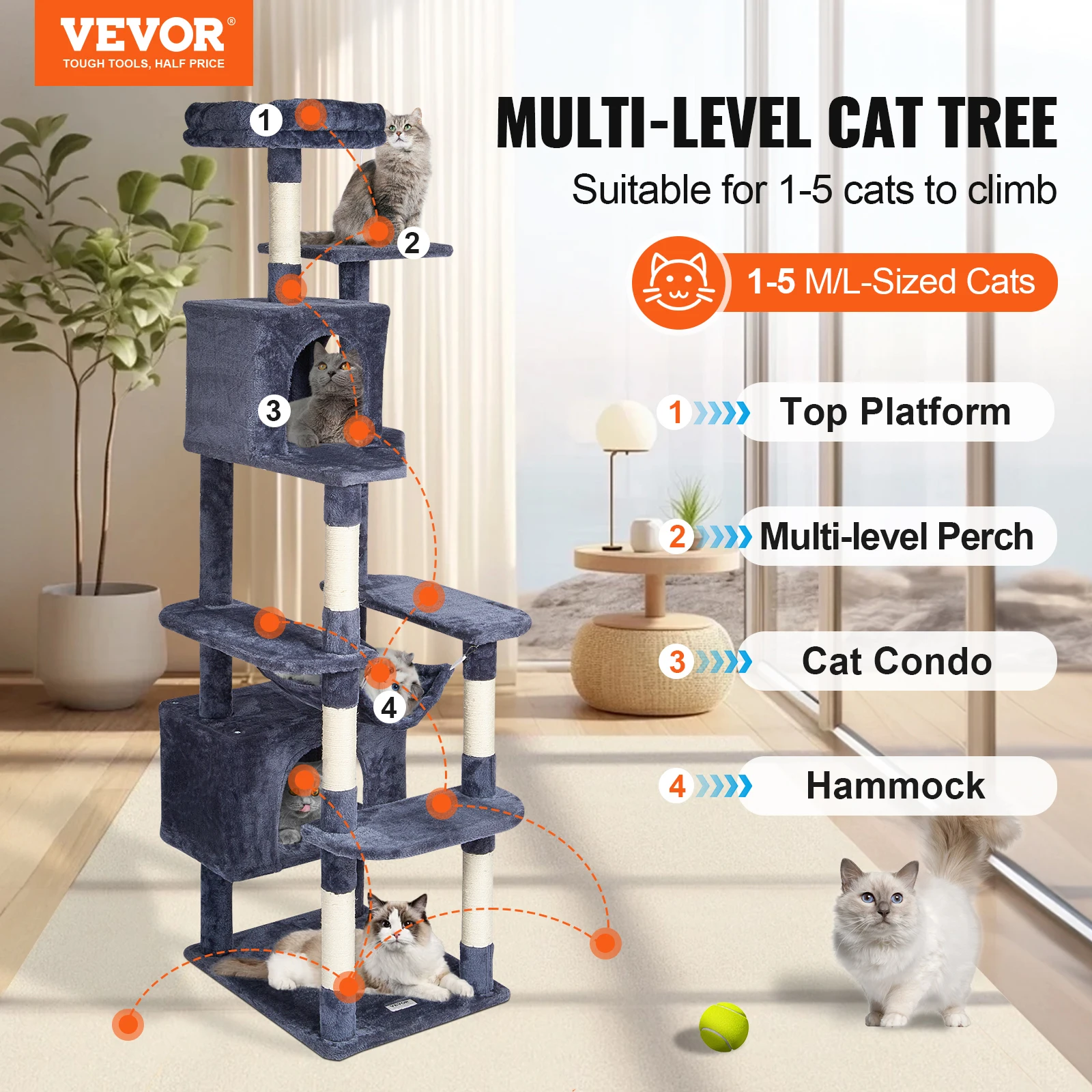 VEVOR Cat Tree Ninth Floor Standing Cat Tower with Scratching Post Hammock Large Cat House with Hanging Ball Cat Activity Center