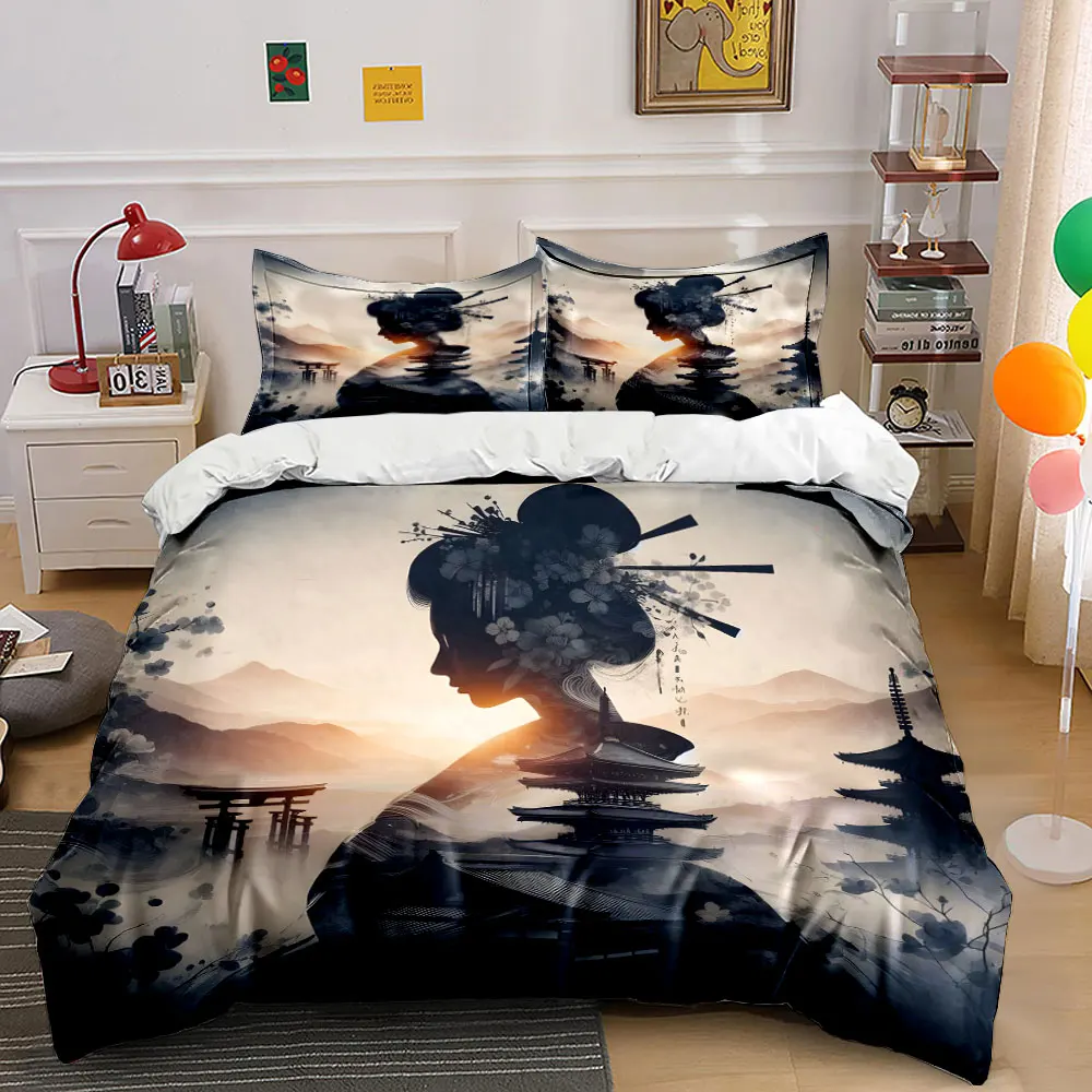 Silhouette of a woman in a kimono and a tower Bedding Set for Kids Luxury Gift 3pcs Digital Print Comforter Set Soft Comfortable