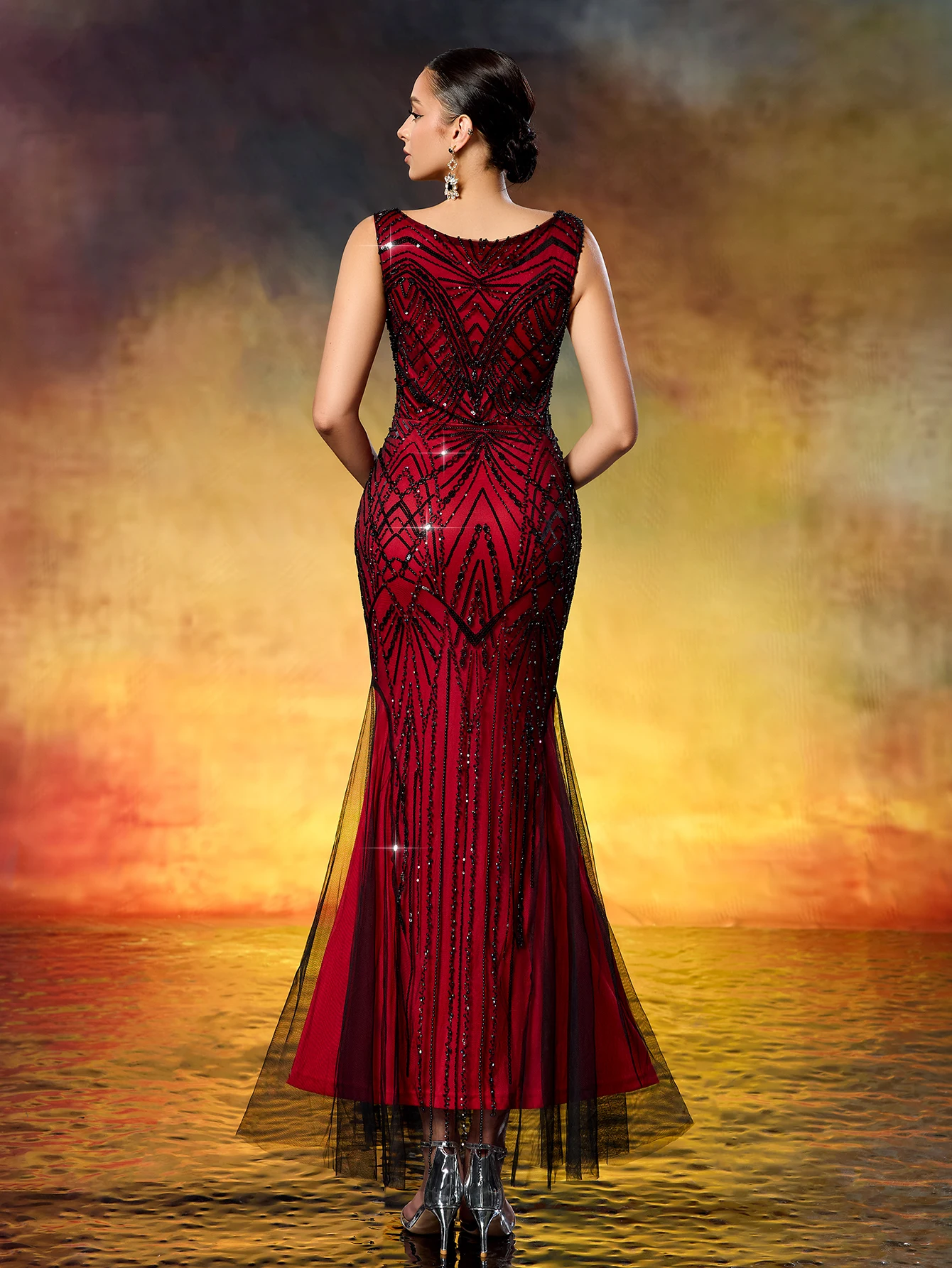 Glamuroso Vestido de Noche Estilo Sirena con Cuentas Art Deco, Vestido de Gala Estilo Gatsby de los Años 20, Color Carmesí-Negro para Ocasiones Especiales de Mujer