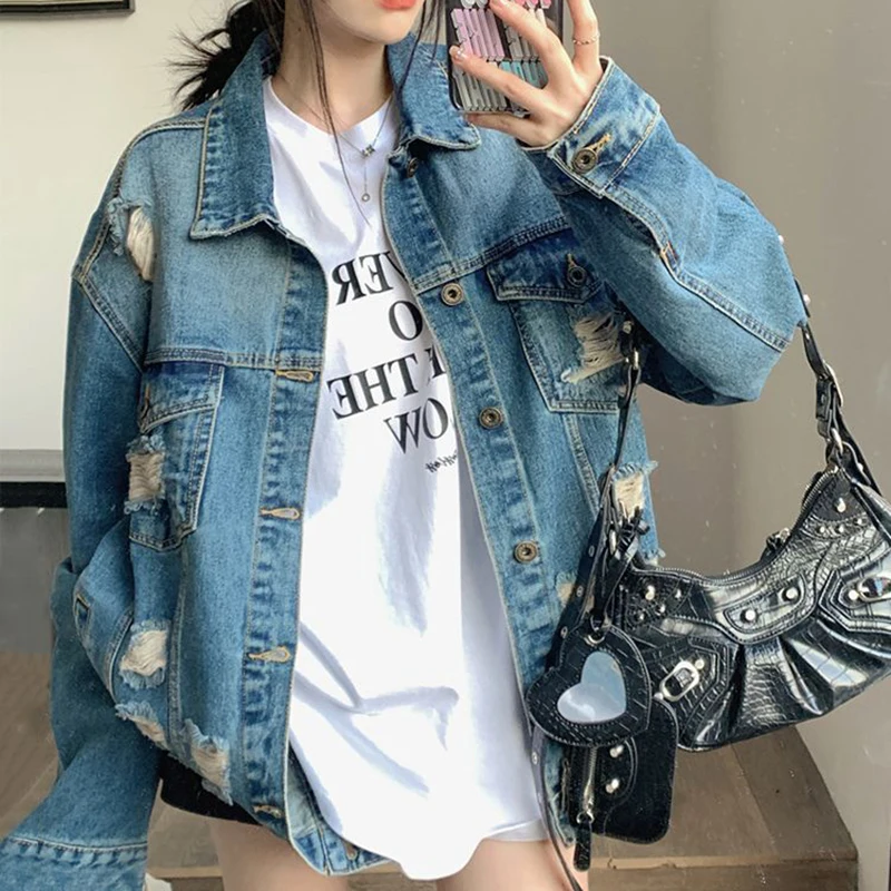 2024 Autumn Long Sleeve Ripped Denim Jacket Women Harajuku Turn Down Collar Loose Coat Woman Streetwear Unisex Jean Jackets