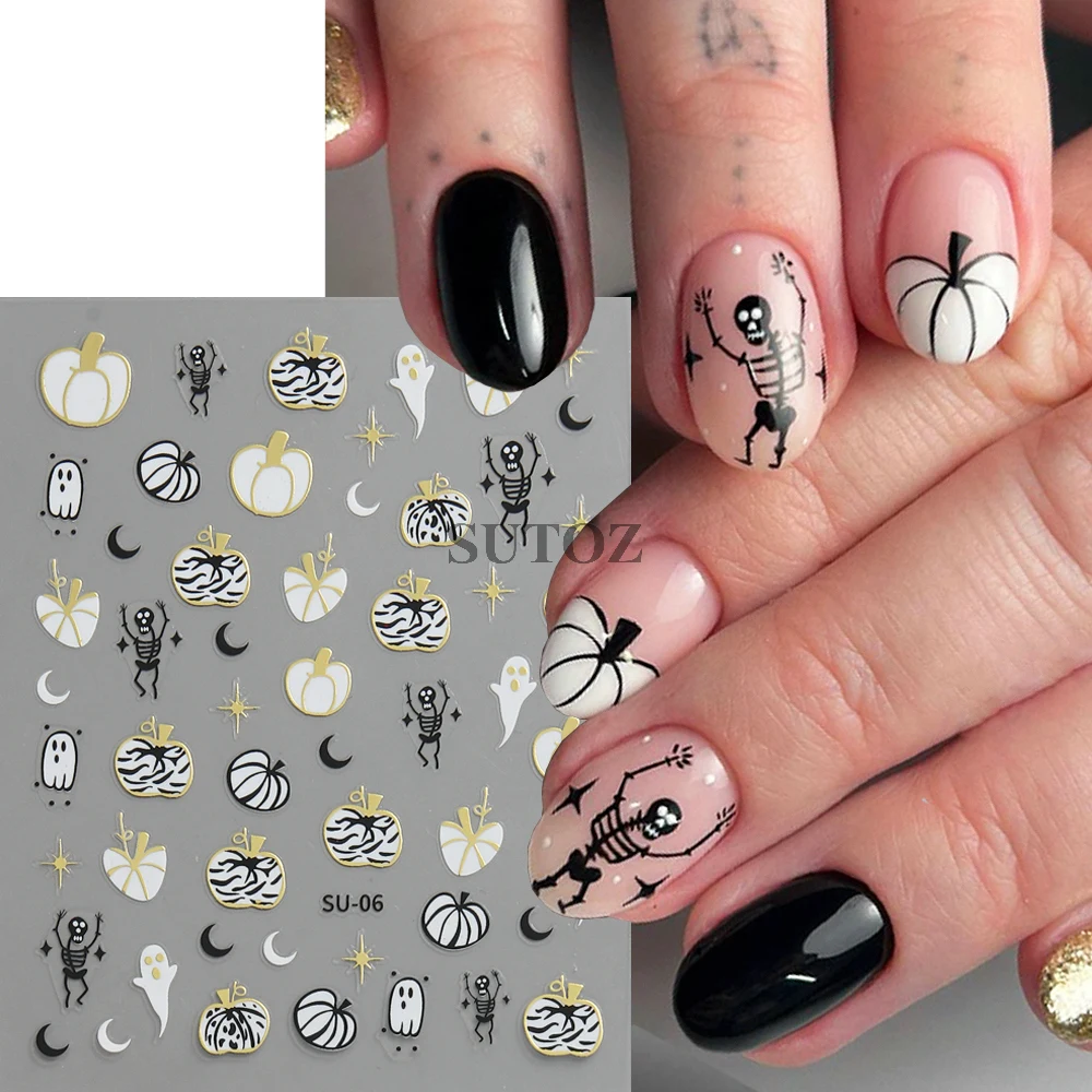 3D Pumpkin Nail Art Stickers Cute Ghosts Spider Web Bat Bones Decals Evil Pumpkin Halloween Charms Manicure Decor Wraps GLSU-07