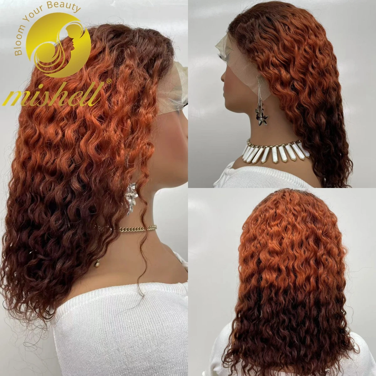 

4/350/4 Ginger Orange Water Wave Lace Wigs 10-16inch 200% Density 13x4 Lace Front Deep Wave Curly Human Hair Bob Wigs for Women