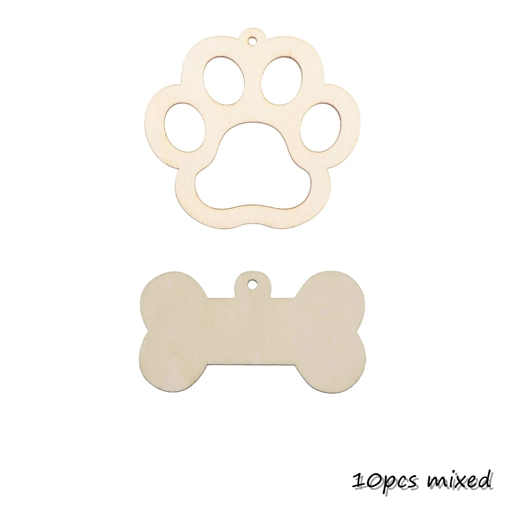 10pcs Dog Cat Footprint Wooden Hanging Ornament Bone Shape Door Pendants for Home Door Decorations Kids DIY Painting Supplies