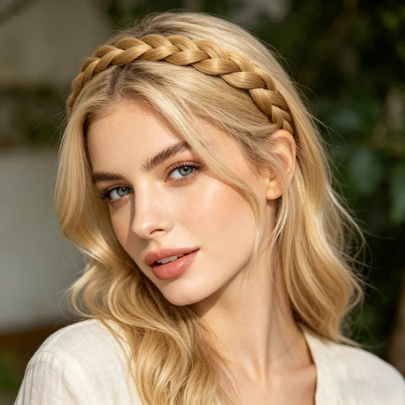 40cm Women's Braided Hairband Wig, Three-Strand Synthetic Hair Braided Hairband with Elastic Band, Natural and Realistic Bohemian Style Hair Accessory for Daily Wear Suitable for Daily Use, Dates, Parties, Photography, and Other Occasions.