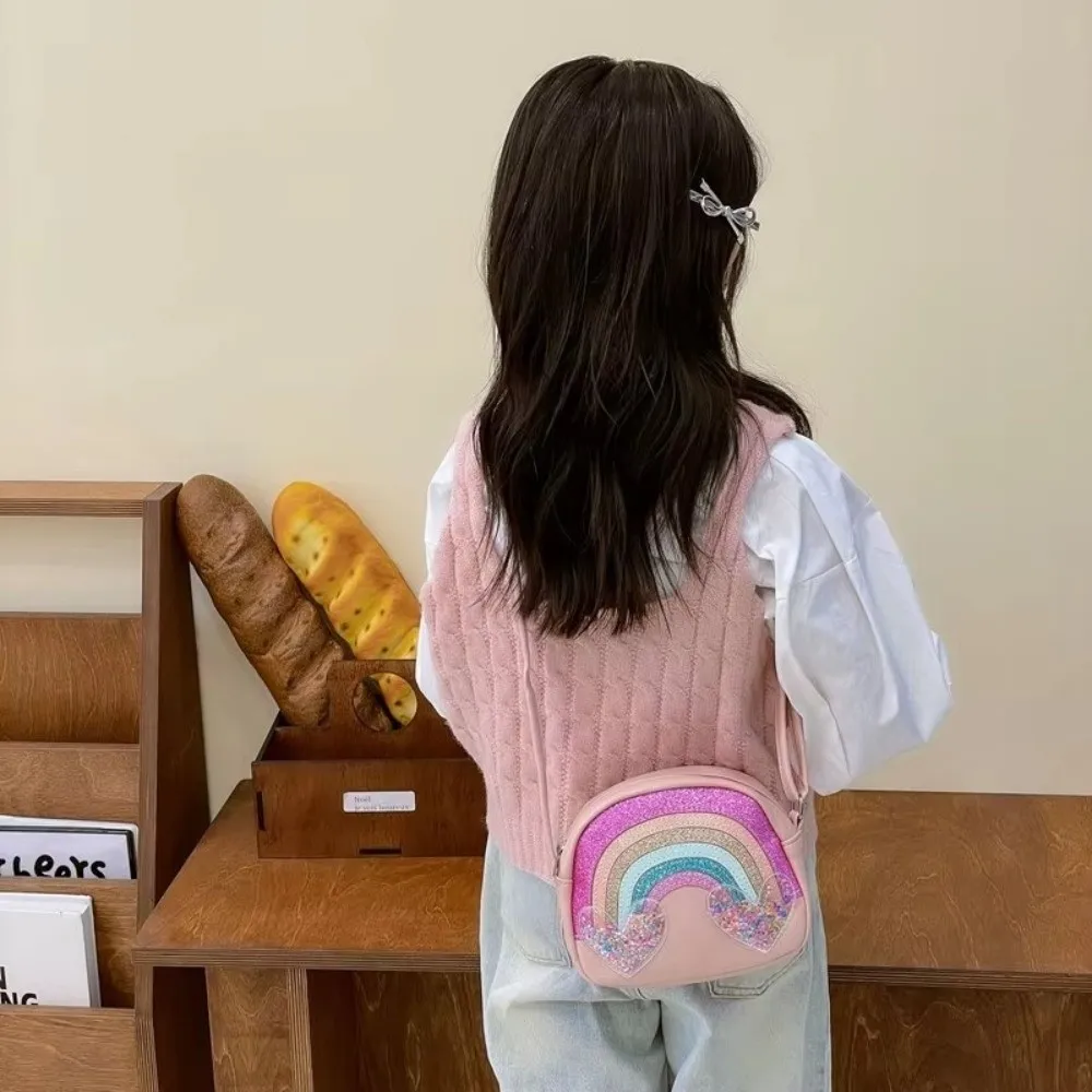Cute PU Leather Shoulder Bags Sequins Print Portable Crossbody Bag Rainbow Heart Clutch Style Children Purse For Girls