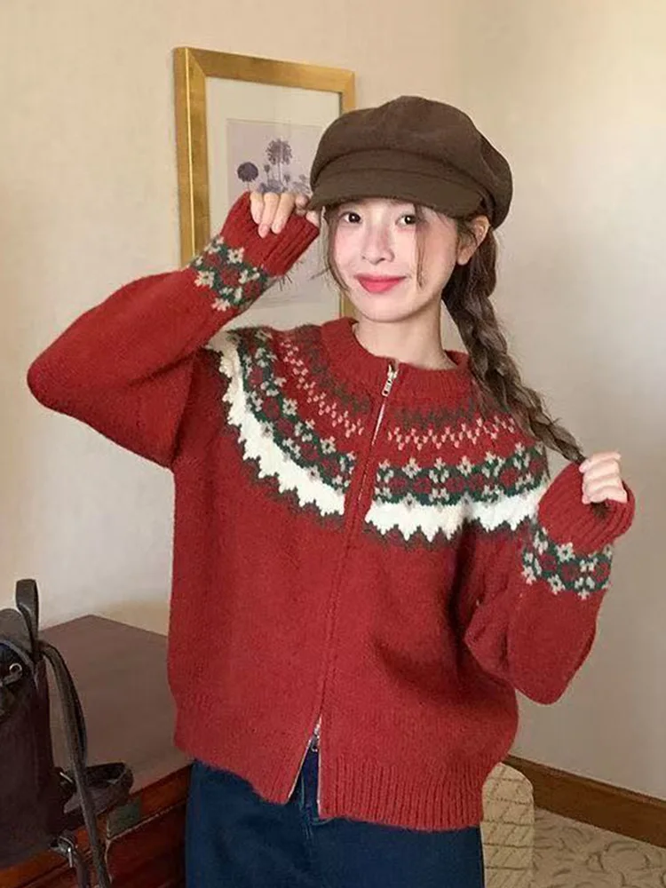 

Красный кардиган с принтом в американском стиле ретро, женский вязаный свитер с длинным рукавом Harajuku Y2K, ленивый ветер с круглым вырезом, женские свободные винтажные топы на молнии