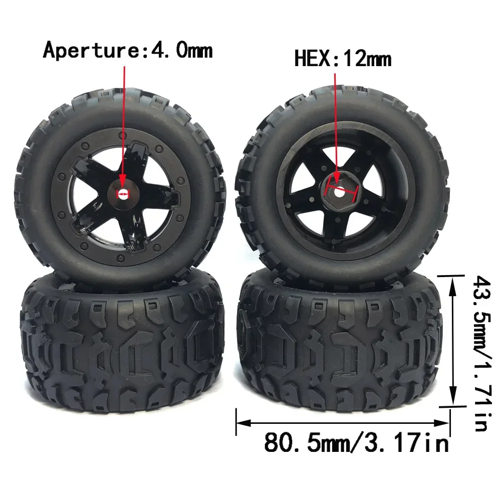 Pneus e Rodas Jantes para Wltoys 124018 124019 144001 124017 124016 HBX 16889 1/16 RC Car, peças de atualização de tamanho grande, 80,5mm