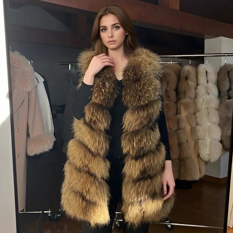 

Cropped Raccoon Fur Vest Real Raccoon Fur Coat With Round Collar Long Natural Fur Vest Best Selling Luxury Genuine Fur Outwear
