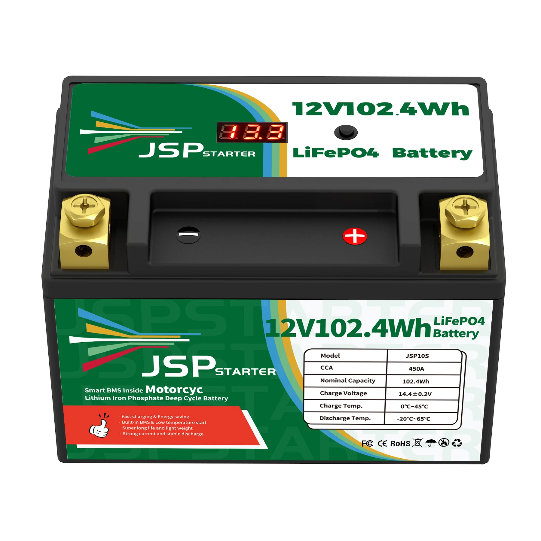 오토바이 시작 배터리, 리튬 다리미 인산염 스쿠터, LiFePO4 배터리, JSP10S, 12.8V, 102.4Wh, CCA450A, BMS, 12.8V, YT10S-BS