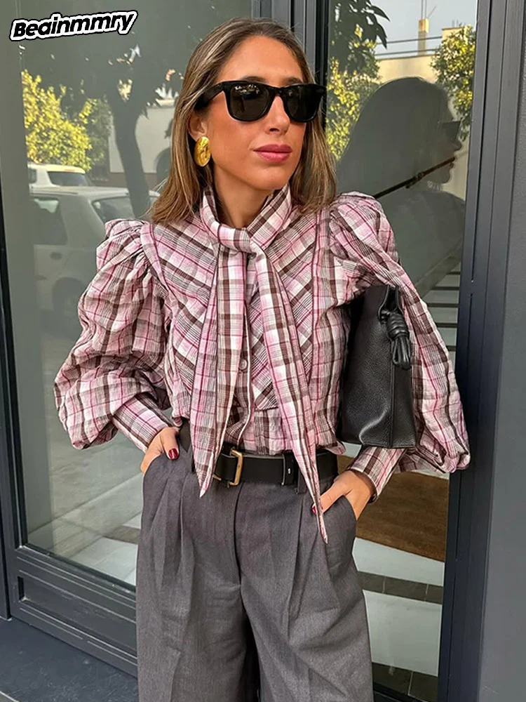 New Elegant Plaid Puff Sleeve Tie Neck Blouse Fashion Loose Single Breasted Women's Shirt 2025 Chic Female Spring Commute Tops