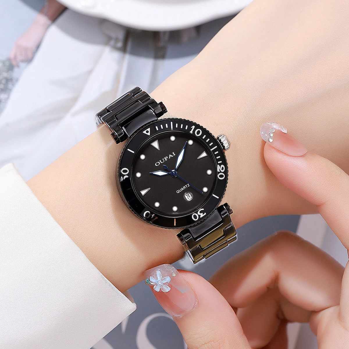 Oupai watch women's black ceramic Japan quartz move fashion simple luminous calendar simple waterproof