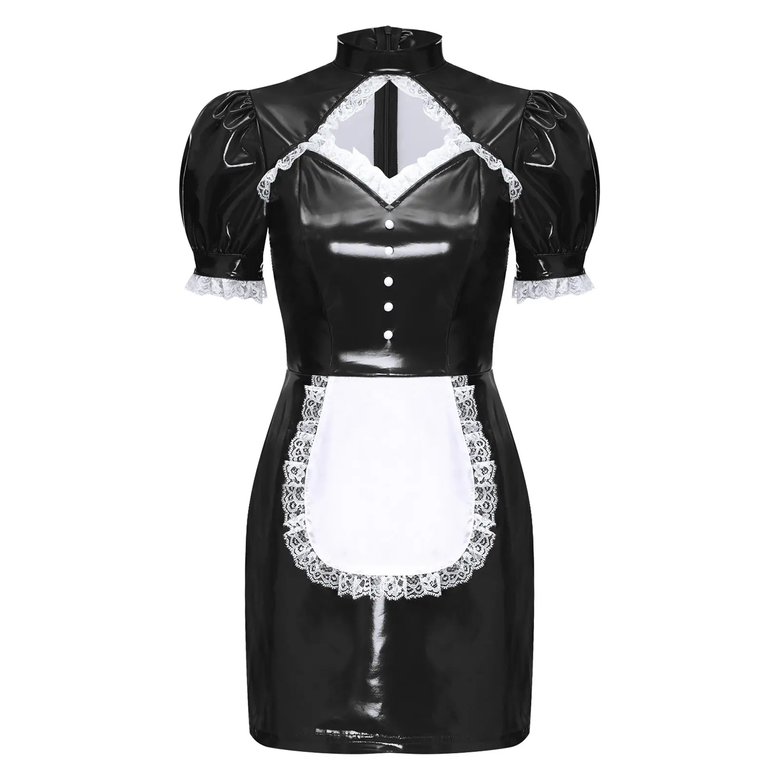 

Sexy Maid Cosplay Costume - Womens Lace Trim Apron & Glossy PU Bodycon Dress with Detachable Bow for Halloween & Role Play