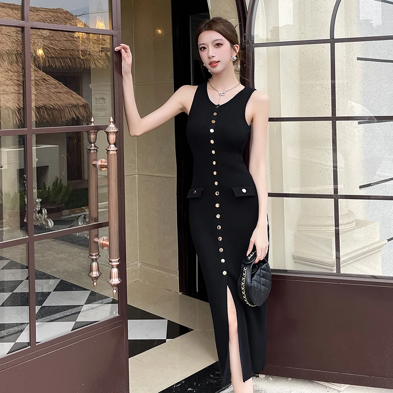 Robe longue en tricot pour femmes, Slim, sans manches, simple boutonnage, fendue, élégante, Sexy, mode dames, été, 2025