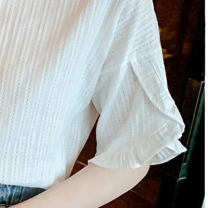 Women\'s 2024 Summer Turndown Collar Blouses Patchwork Button Screw Thread Solid Color All Match Slim Fit Short Sleeved Shirts