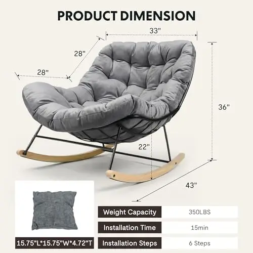 Oversized Outdoor Rocking Chair, Grey | Thick Cushioned Seat, Bonus Pillow, Modern Patio Papasan Rocker, Metal Frame
