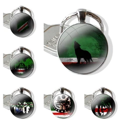 Keychain Handmade Glass Cabochon Key Ring Holder Pendant Key Chains Chechen Wolf National Flag