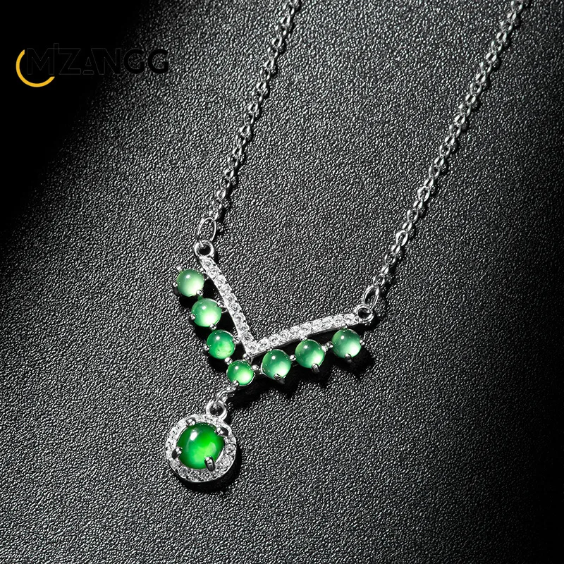 High-grade S925 Silver Inlaid Natural Jade Sun Green Egg Noodle Pendant Exquisite Fashion Women Set Chain Necklace Holiday Gift