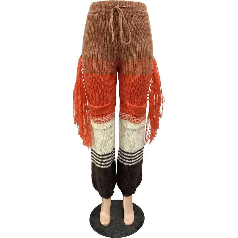 Color Patchwork Knitted Tassel Pants Hand Crochet Women High Waist Pockets Fringed Casual Loose Sweater Trousers Streetwear