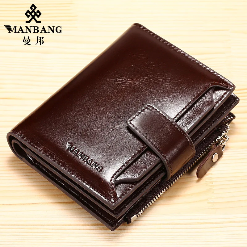 ManBang Brand Luxury Men's Wallet Genuine Leather Purse Vertical Driver's License First Layer Cowhide Multi-Function Card Bag