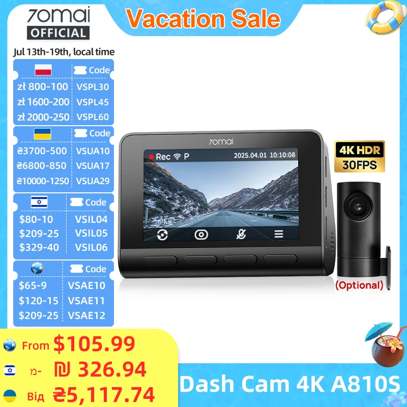 70mai Dash Cam 4K A810S HDR IMX678 Supercapacitor 4G LTE Remote Control Wi-Fi...