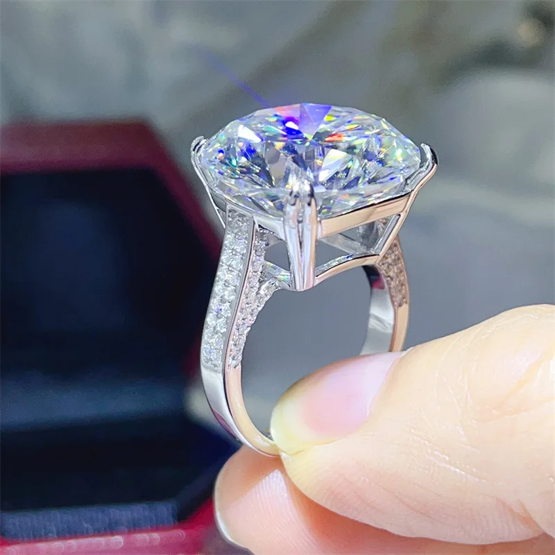 

Сертификат, большое кольцо с бриллиантом из муассанита цвета D, 20 карат, стерлинговое серебро 925 пробы, вечерние обручальные кольца для женщин, обручальные украшения