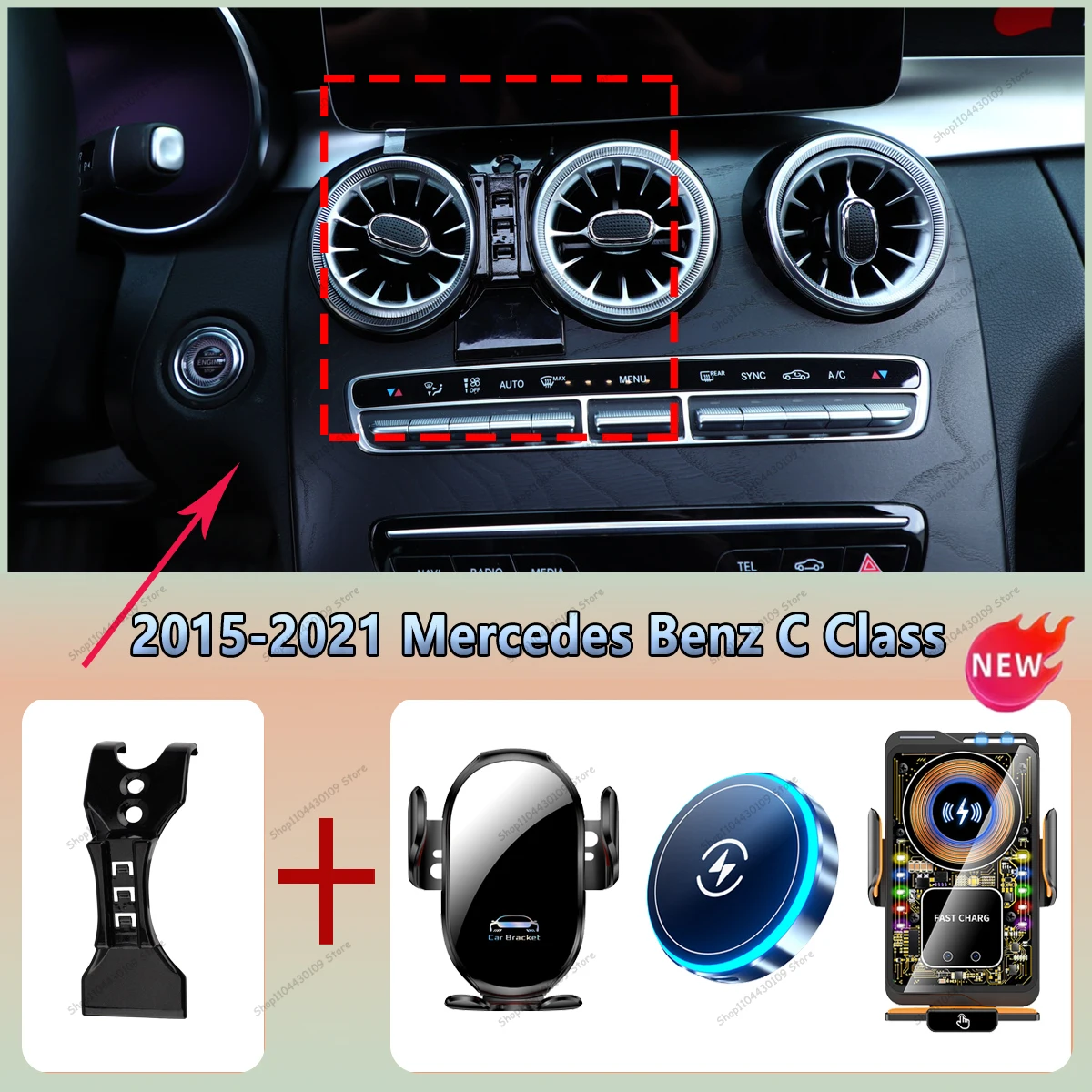 Suporte de celular para Mercedes Benz Classe C C200 260 300 W205 2015-2021 com carregamento sem fio para Magsafe.