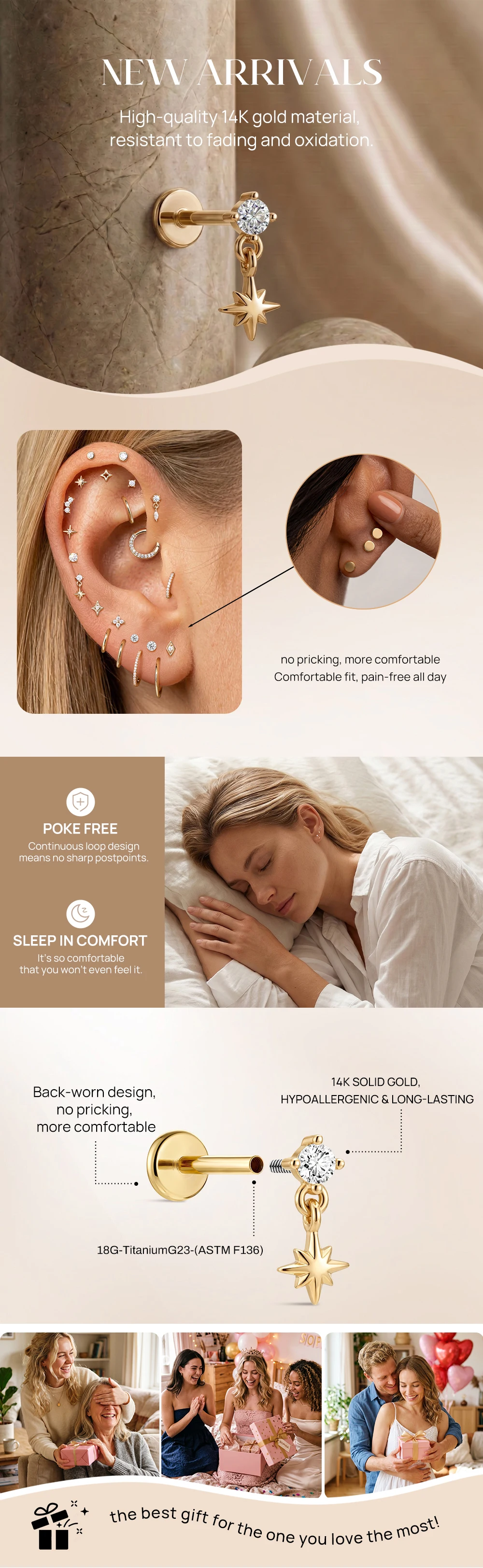 AIDE Mini-Piercing-Ohrringe aus 14-karätigem massivem Gold, glänzend, Herz-/rund-/sternförmig, für Damen, in verschiedenen Größen, klassischer Hochzeits- und Brautschmuck, luxuriöser Schmuck – Detail 23
