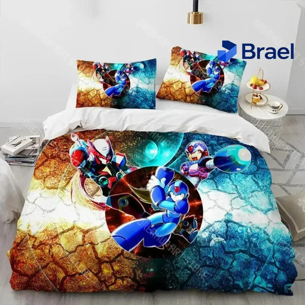 Exquisite 3D Print Rockman Megaman Game Cartoon Bedding Set Boys Girls Twin Queen Size Duvet Cover Pillowcase Bed Kids Adult