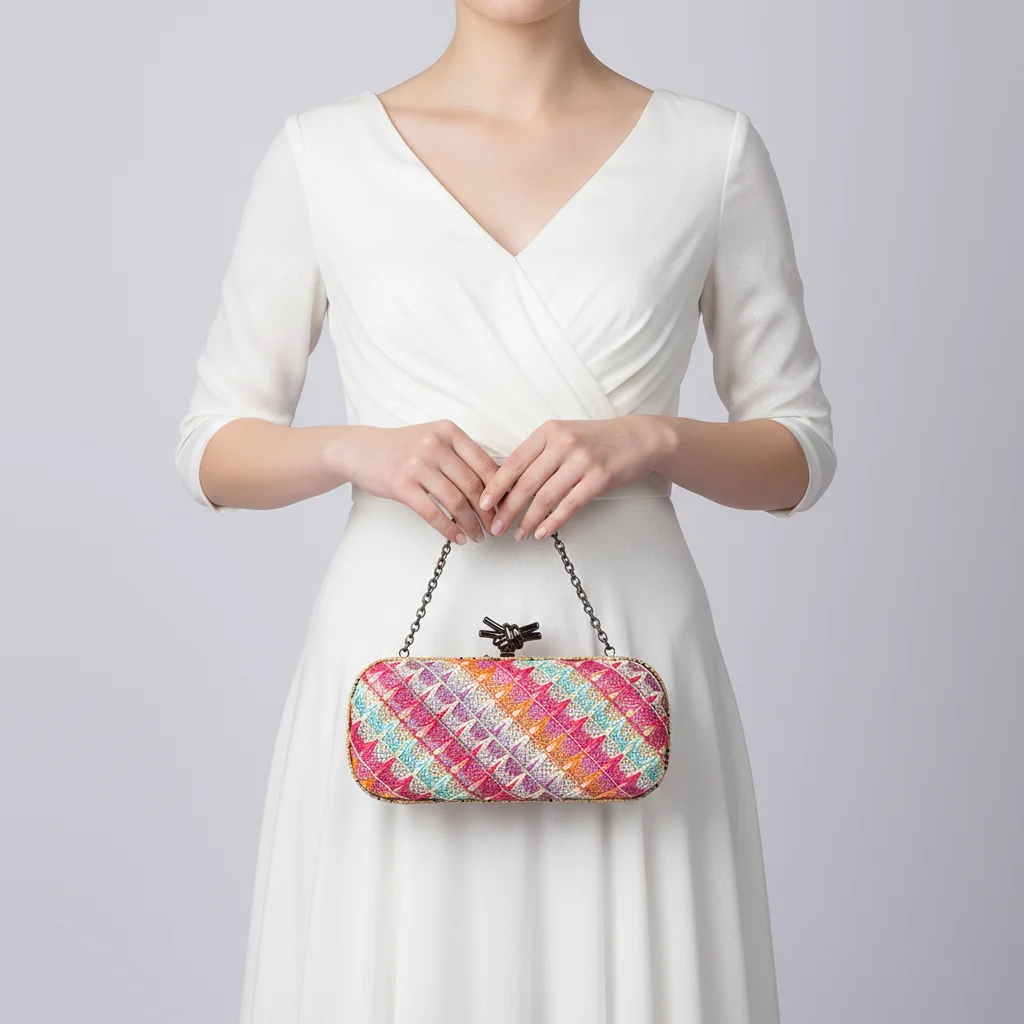 Factory Wholesale 2026 New Ladies Straw Chain Dinner Bag Quality Woven Summer Beach Bag Locking Buckle Evening Party Bag 23cm