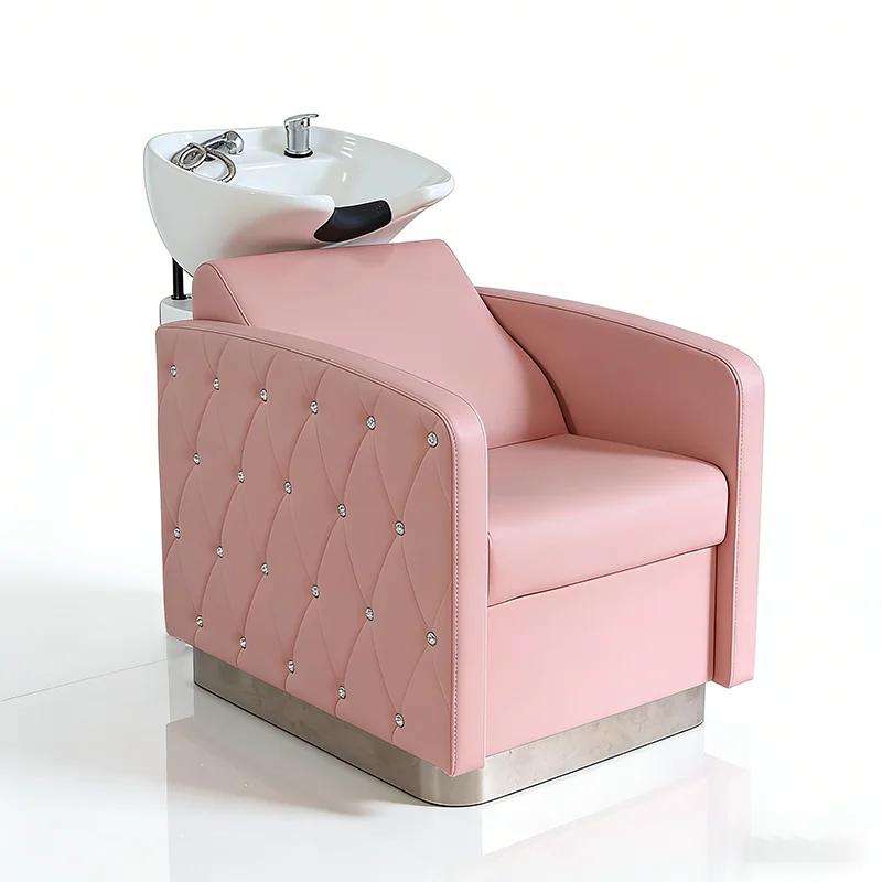 qk-Luxurious Barbershop Furniture Reclining Washing Chair Bed Antique Style Head Spa Shampoo Chair with White Ceramic Basin@