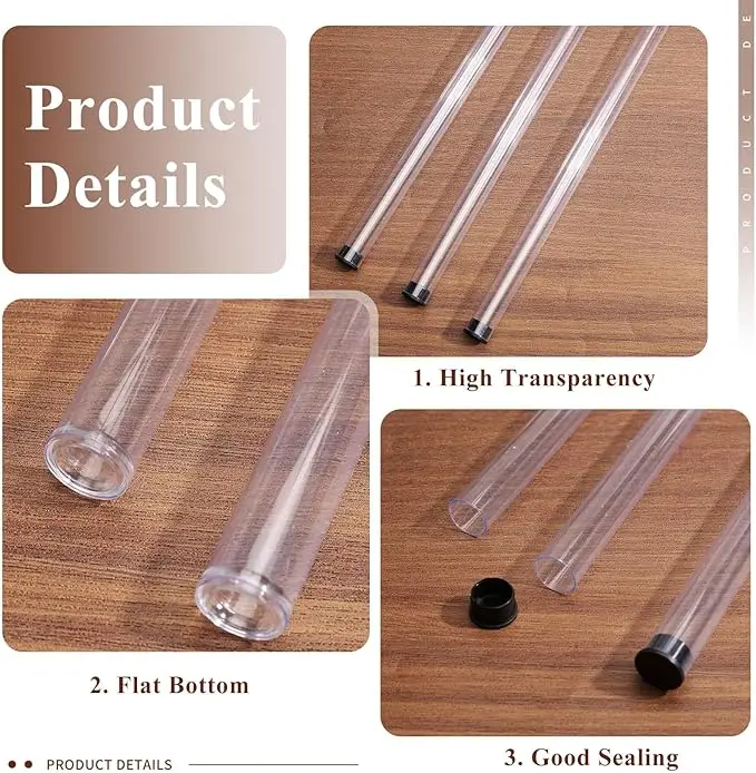 100pcs Many Sizes Clear Plastic Empty Storage Tubes - Flat Bottom -Press Fit Black Cap, Width 11mm To 29mm,Length 60mm To 220mm