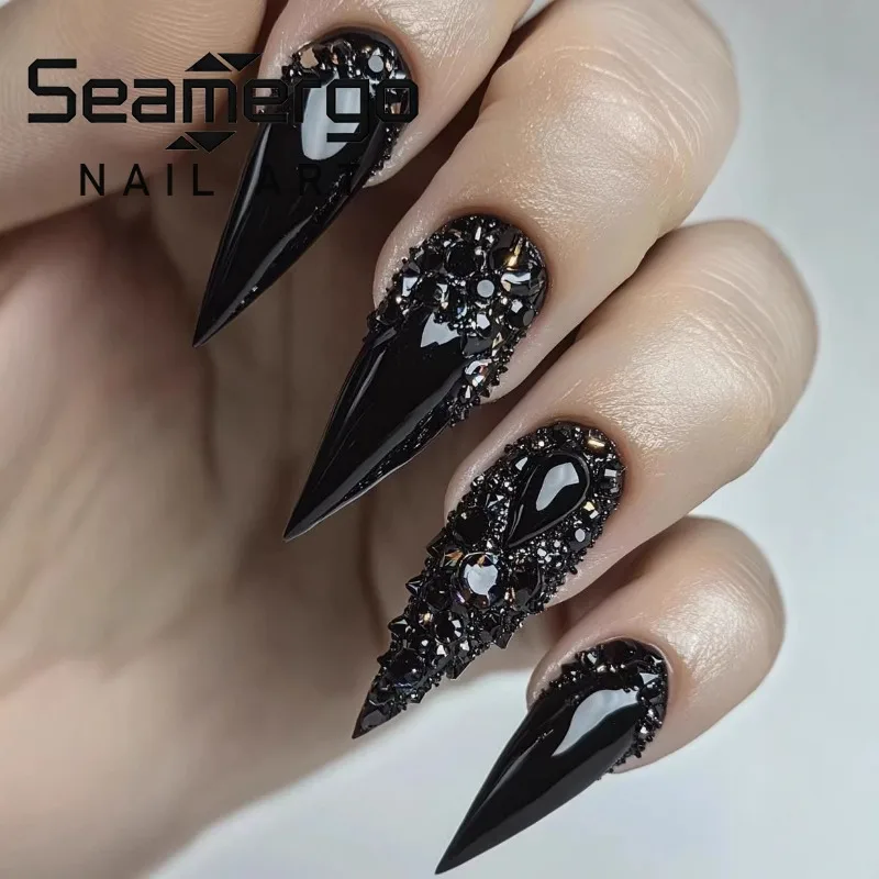 

24PCS Dark Black Luxury Stiletto False Nails Spice Girls with Rhinestone Gothic Press on Nails Full Cover Wearable Nail Manicure