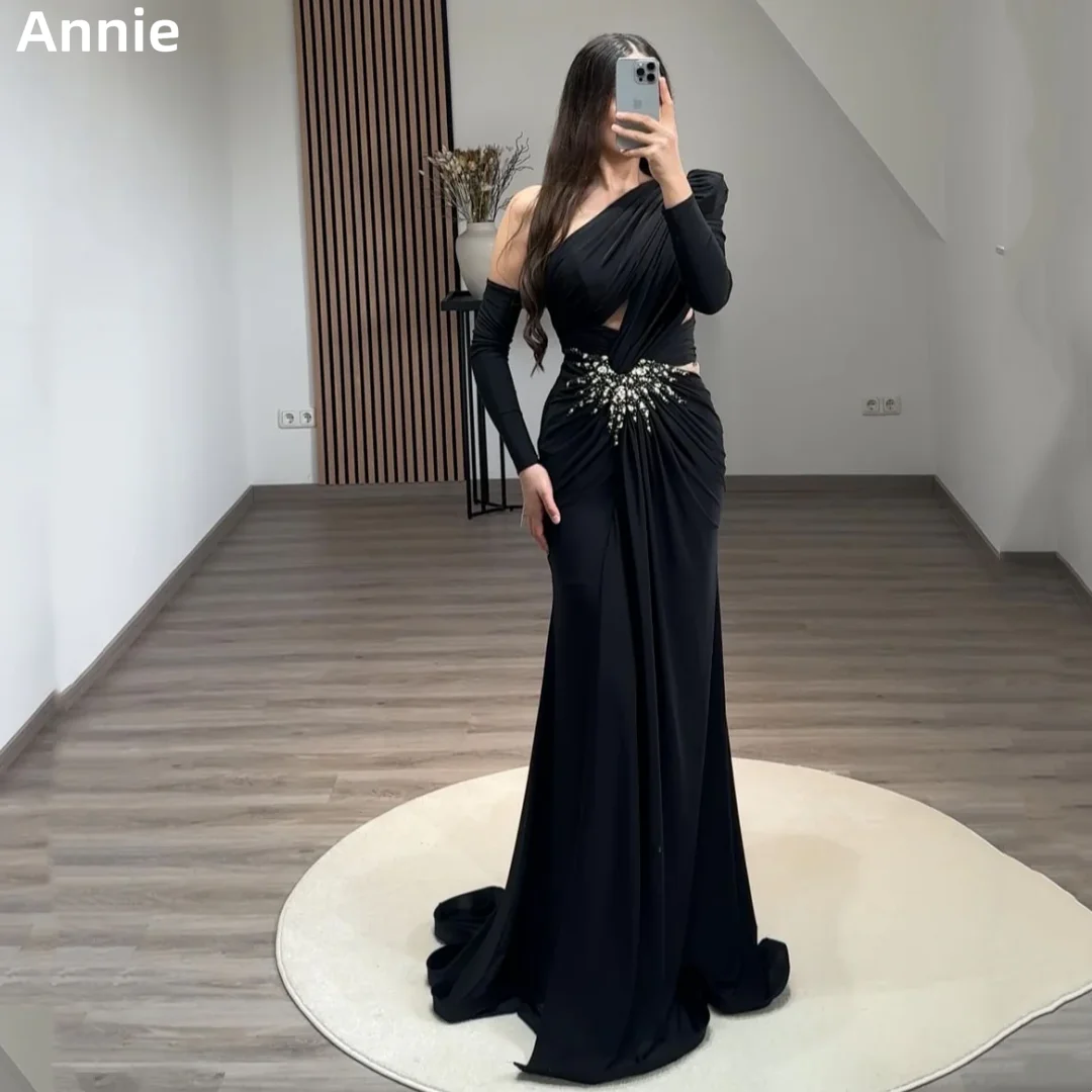 Annie Embroidery Beads Prom Dresses Black Luxury Evening Dresses Long Sleeve Elegant Ladies Vestidos De Fiesta Customized