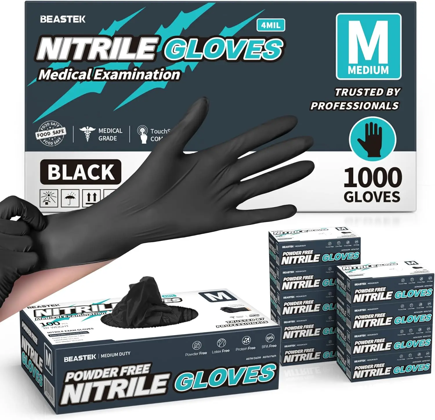 

100 шт. черных одноразовых нитриловых перчаток, 4 мил, устойчивые к химикатам, без пудры, без латекса, для медицинских и кулинарных работ, безопасные