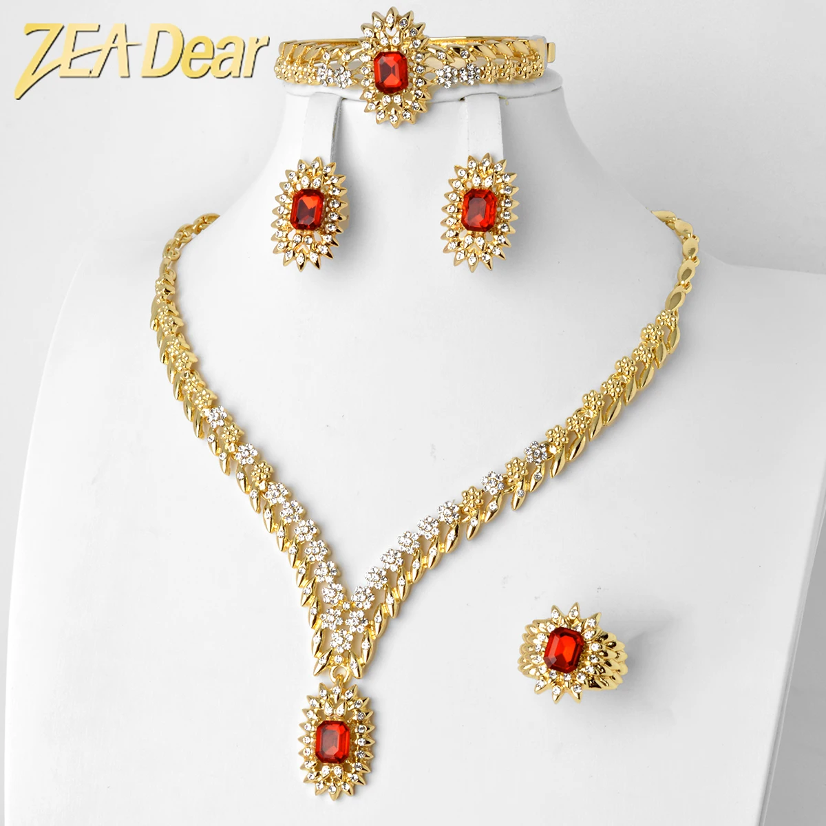 

ZEADear Bride Jewelry Sets Gold Plated Earrings Necklace Bracelet Ring Red Green Blue Crystal Plant Leaf Chain Boho Bridal Gift