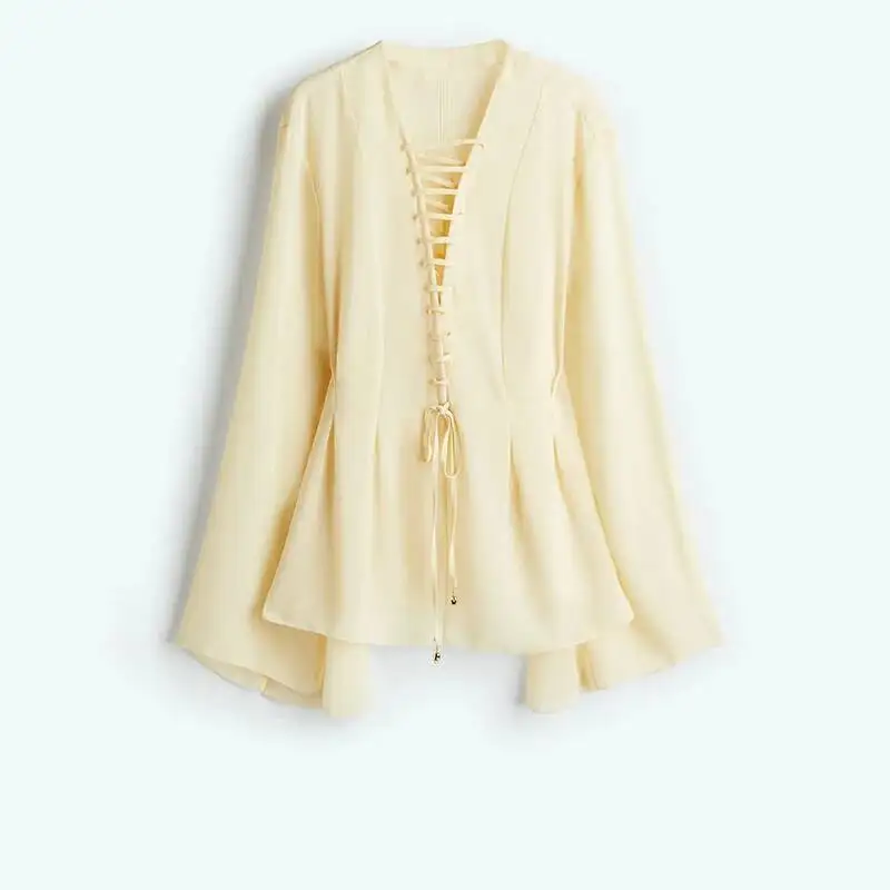 

Элегантная шифоновая рубашка на шнуровке, женская желтая рубашка с рюшами и длинными расклешенными рукавами, v-образным вырезом, свободные рубашки, женские 2021, летние шикарные однотонные женские рубашки