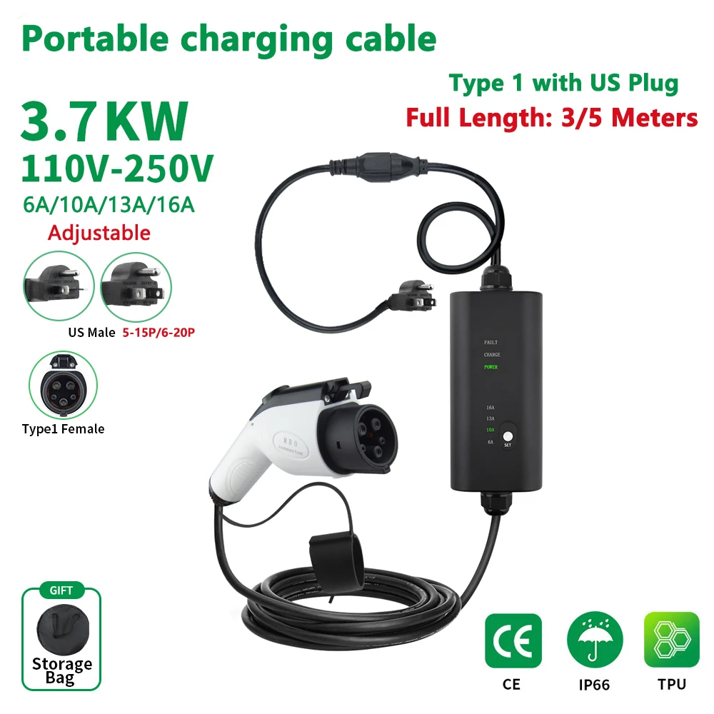 EVMBO US Plug Type1 SAE J1772 Portable Charging Cable 16A NEWA 6-20P Plug to 5-15P Adapter Cable 1Phase 3.7KW 5M/3M Length