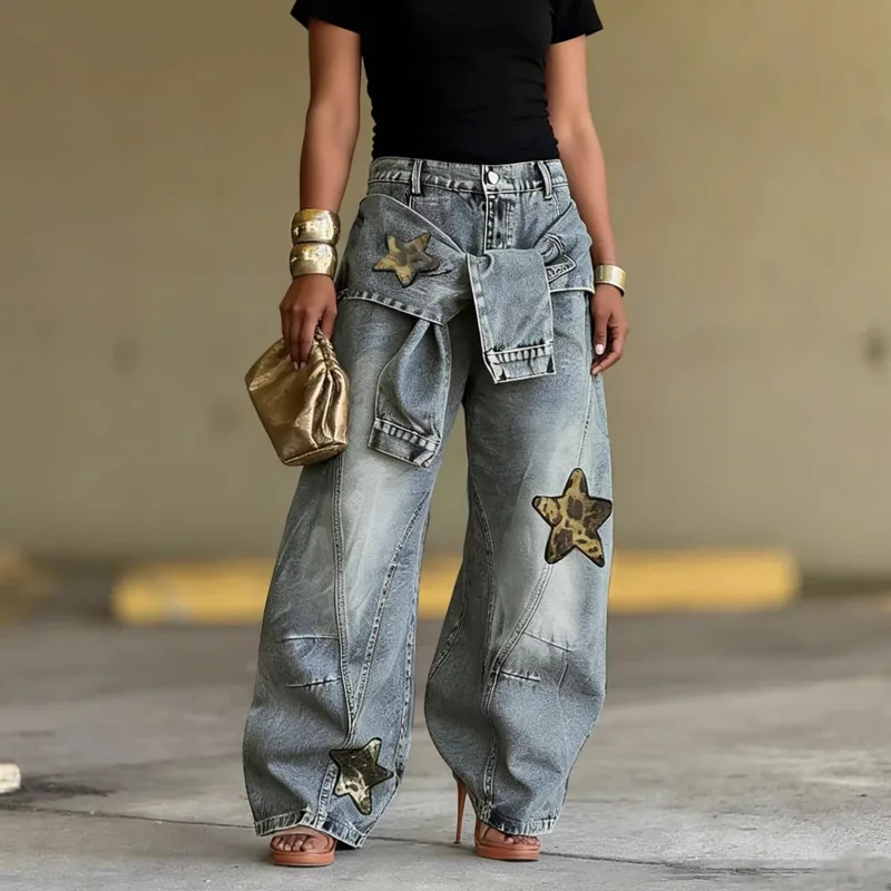 

Women Leopard Print Star Patchwork Denim Jeans A Street Fashion Trend Retro Versatile Suitable For Daily Commuting And Shopping
