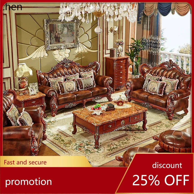 

HT Genuine Leather Sofa Set Solid Wood Double-Sided Carved Living Room High-End Top Layer Cowhide New Furniture