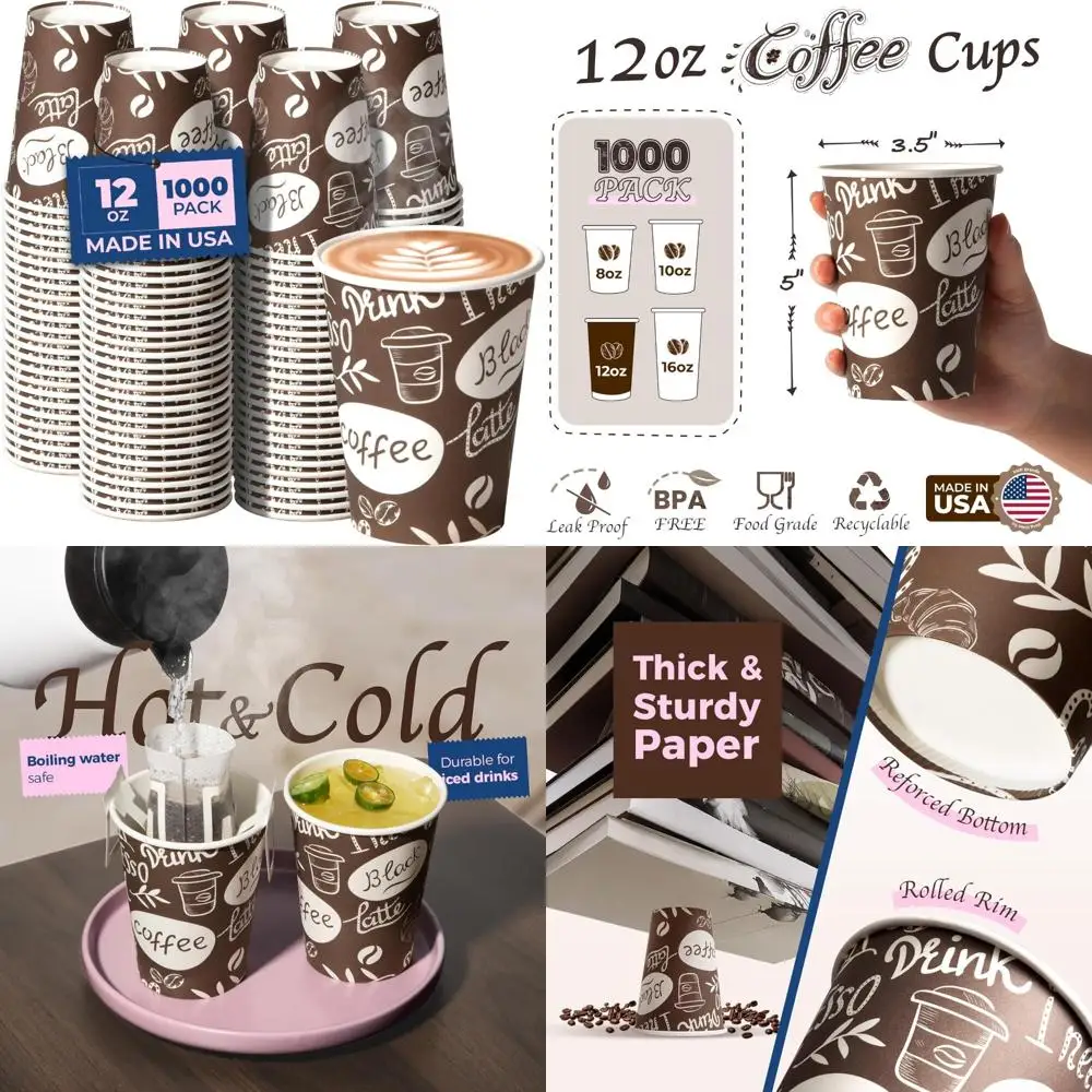

Disposable Paper Coffee Cups - 1000 Count Leakproof Hot Cups for Beverages, Durable Cups for Hot or Cold Drinks, Bulk Pack