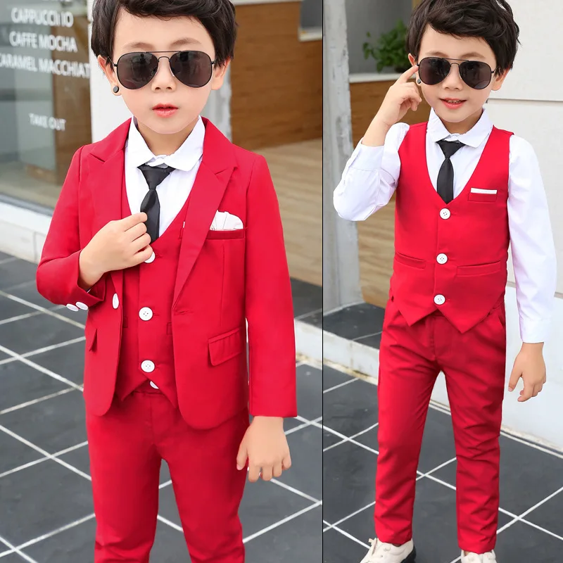 Spring Autumn Formal Children Solid Suit Set Boys Party Host Wedding Costume Little Kids Blazer Vest Pants Clothing Sets