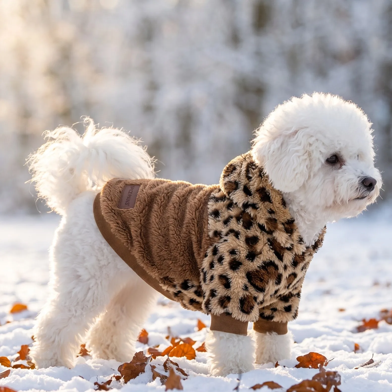 Hundejacke, Vintage-Hundemantel mit Leopardenmuster, Plüschstoff, farblich abgesetzte Kapuze, doppelseitiger Plüsch, warm und mit Taschen, Hundebekleidung. – Detail 5